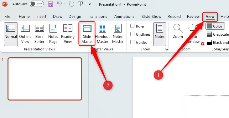 در سربرگ « دورنما (View) » ، روی گزینه  «مدیریت اسلاید (Slide Master)»کلیک کنید.