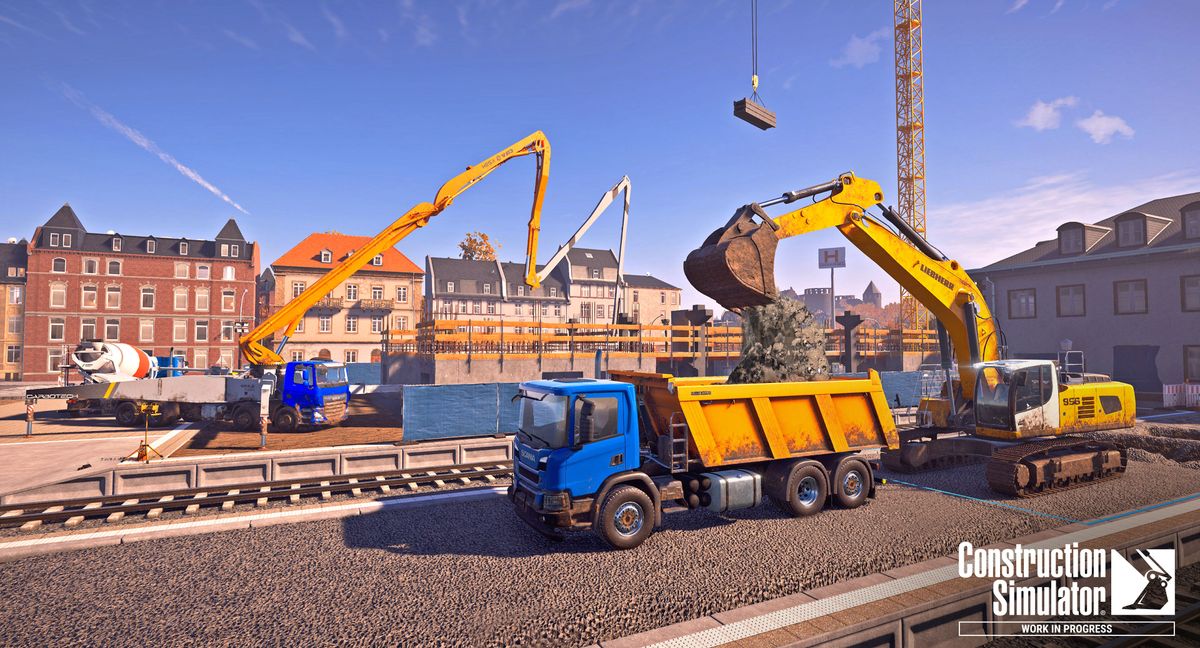 Rendered construction equipment in the video game "Construction Simulator" performs dirt loading and construction work in the foreground.