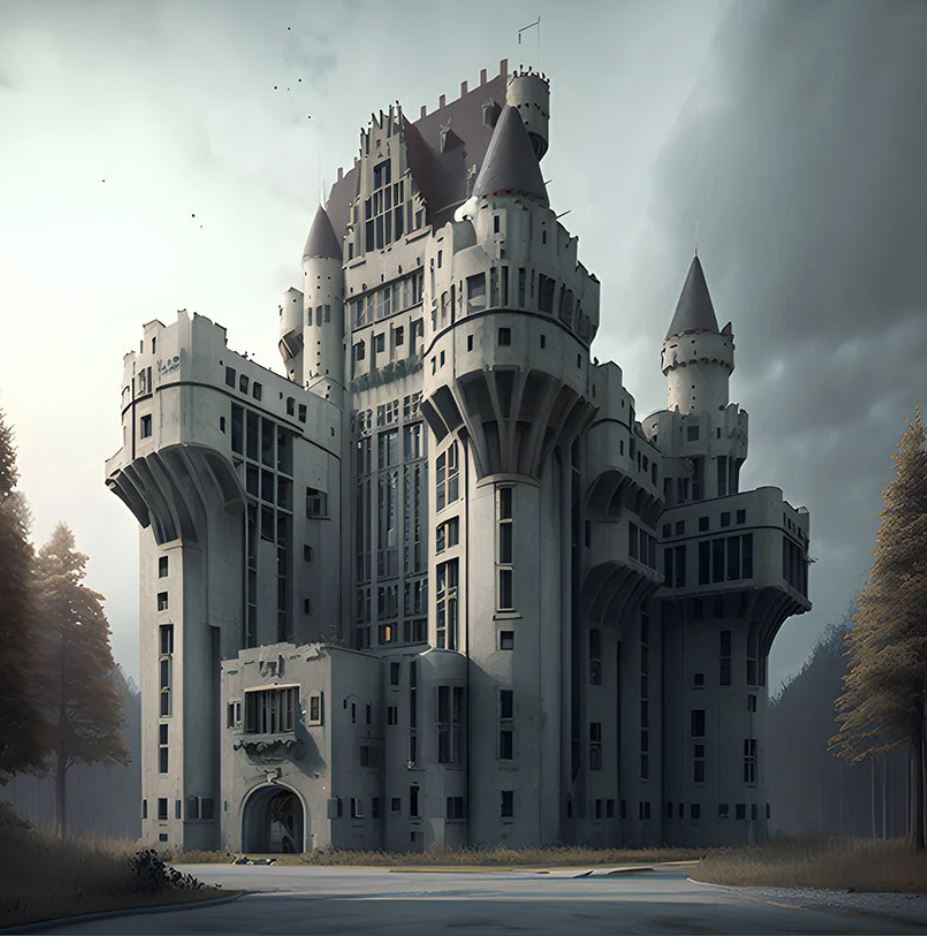 قلعه Neuschwanstein، بازطراحی شده به سبک Brutalist